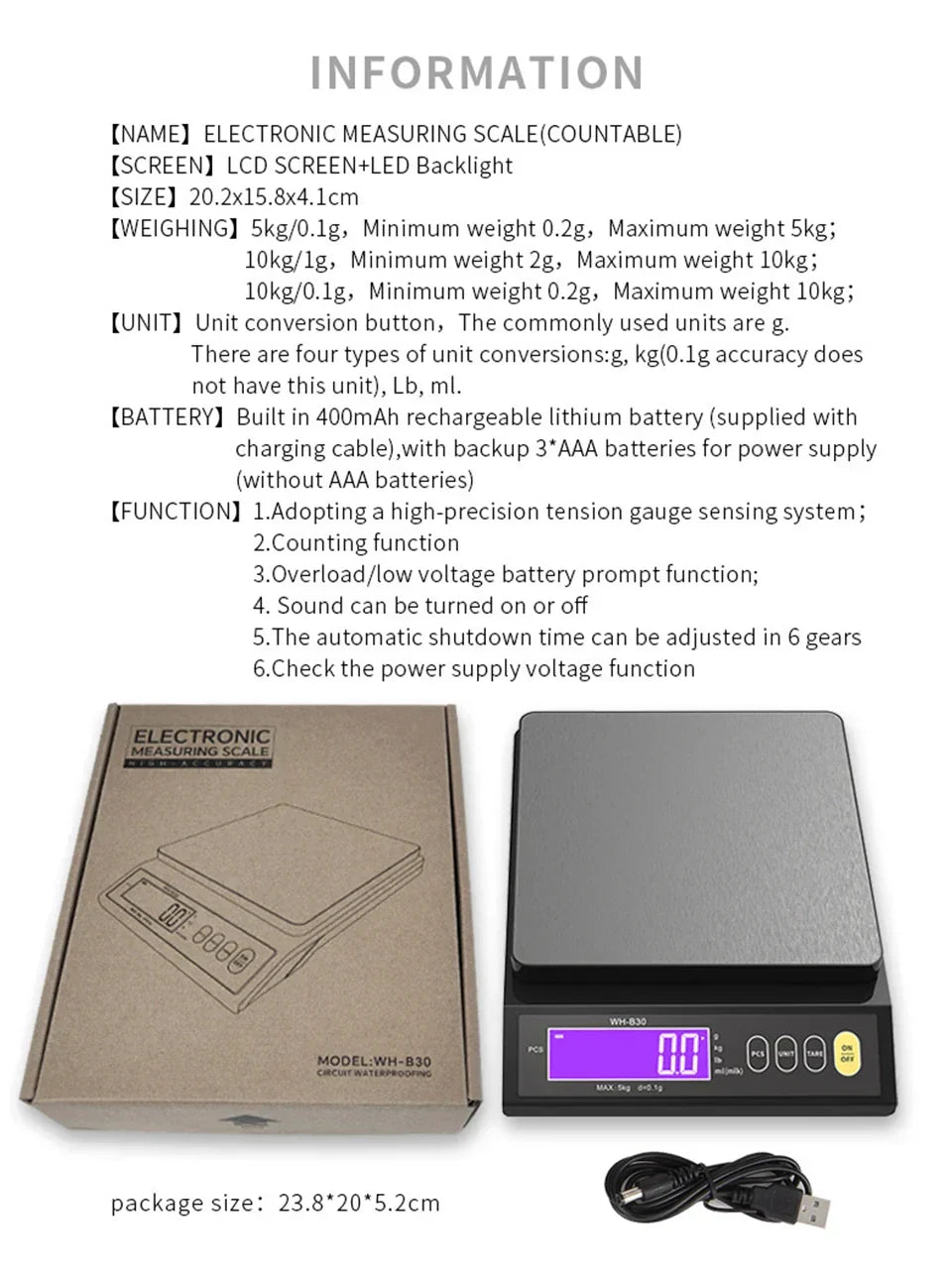 Davy | 5 kg/0.1 g and 10 kg/1 g digital electronic kitchen scale, LCD display, fully waterproof stainless steel tool for baking