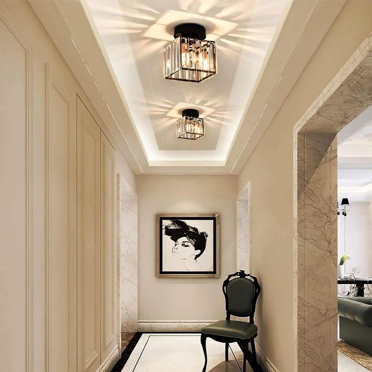 Davy | Crystal Glass Ceiling Lamp – Brass Fixture & Compact Design