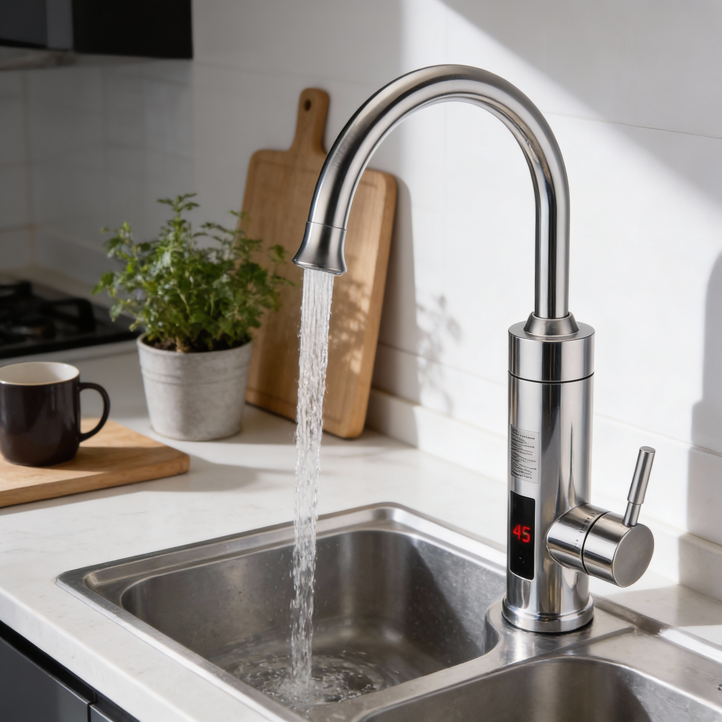 Davy | Electric Kitchen Faucet with Integrated Instant Heater | 3000W Quick Heating System | Stainless Steel Finish | Digital Temperature Display | Instant Hot Water Technology
