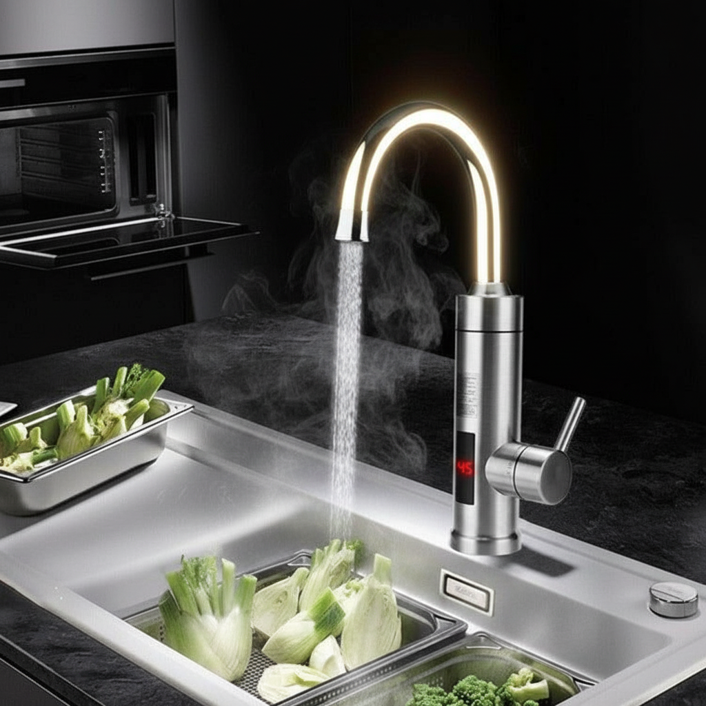 Davy | Electric Kitchen Faucet with Integrated Instant Heater | 3000W Quick Heating System | Stainless Steel Finish | Digital Temperature Display | Instant Hot Water Technology