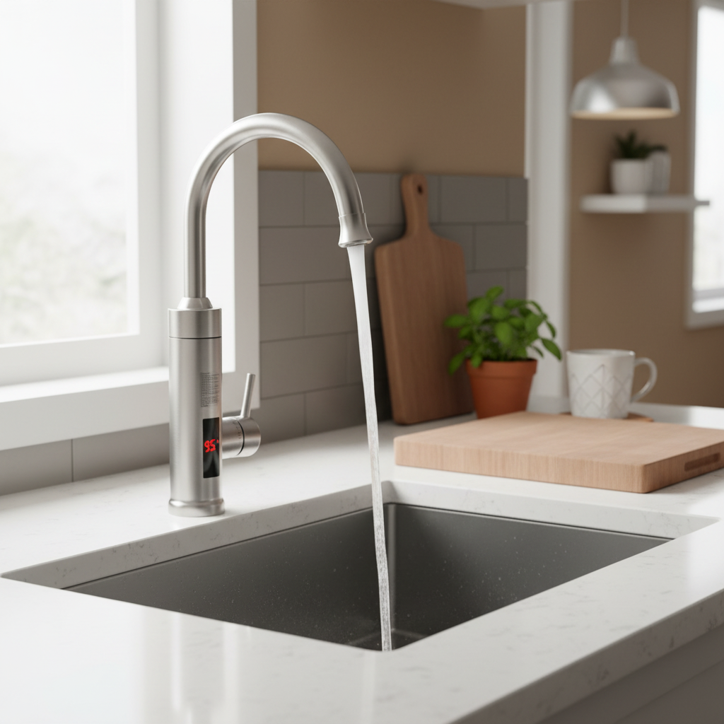 Davy | Electric Kitchen Faucet with Integrated Instant Heater | 3000W Quick Heating System | Stainless Steel Finish | Digital Temperature Display | Instant Hot Water Technology