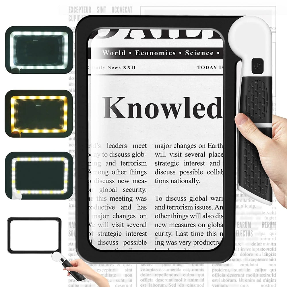 Davy | Full-Sided Handheld Magnifier – 5X Magnification, LED Illuminated Magnifier with 3 Modes, Ideal for Reading Books and for Seniors
