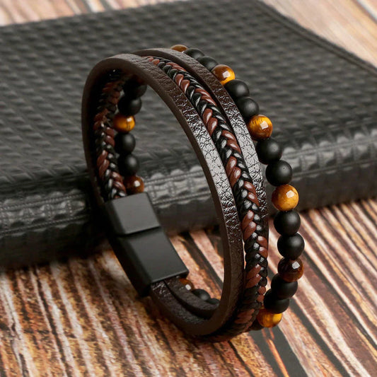 Davy | Men's Braided Leather Beaded Bracelet