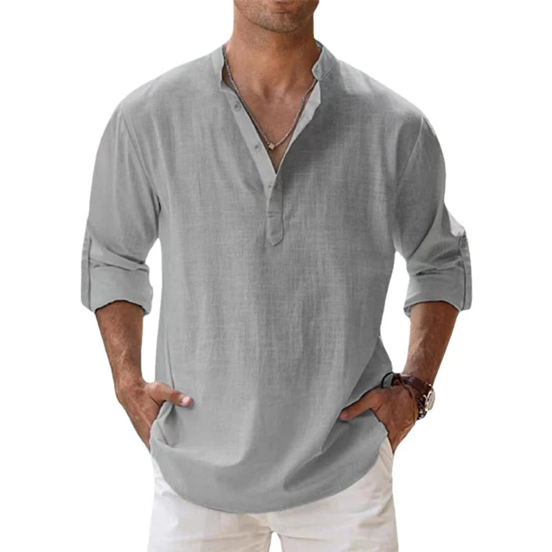 Davy | Men's Linen Henley Shirt with Roll-Up Sleeves