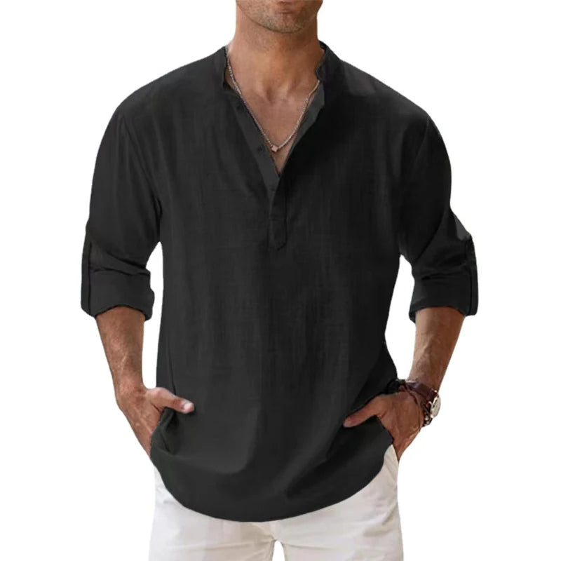 Davy | Men's Linen Henley Shirt with Roll-Up Sleeves