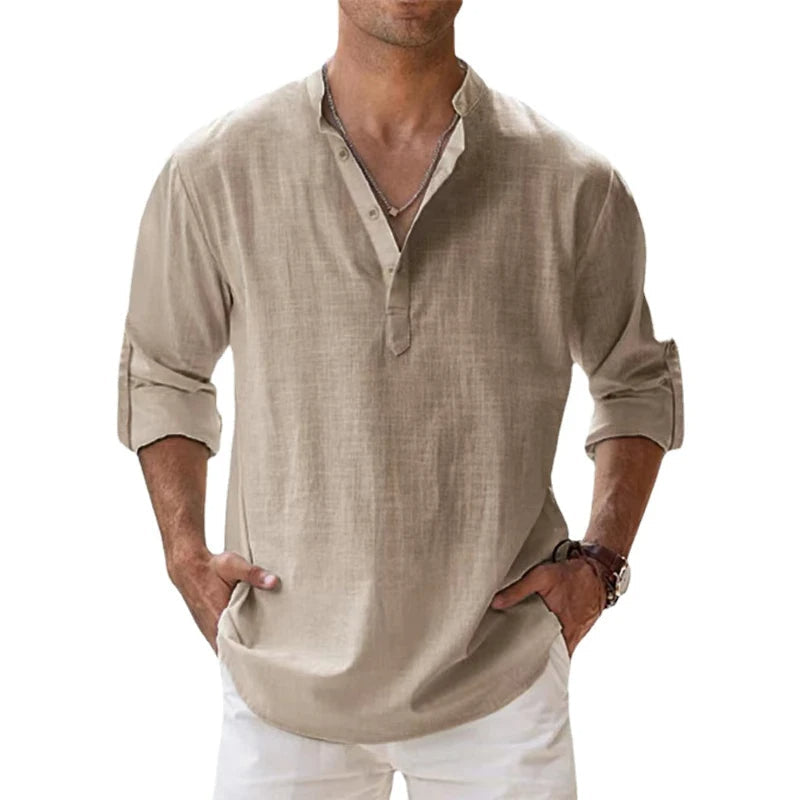 Davy | Men's Linen Henley Shirt with Roll-Up Sleeves