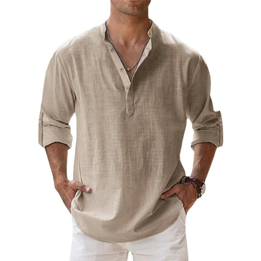 Davy | Men's Linen Henley Shirt with Roll-Up Sleeves