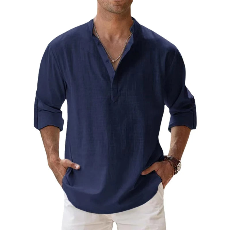 Davy | Men's Linen Henley Shirt with Roll-Up Sleeves