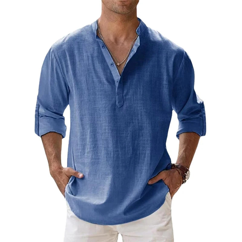 Davy | Men's Linen Henley Shirt with Roll-Up Sleeves