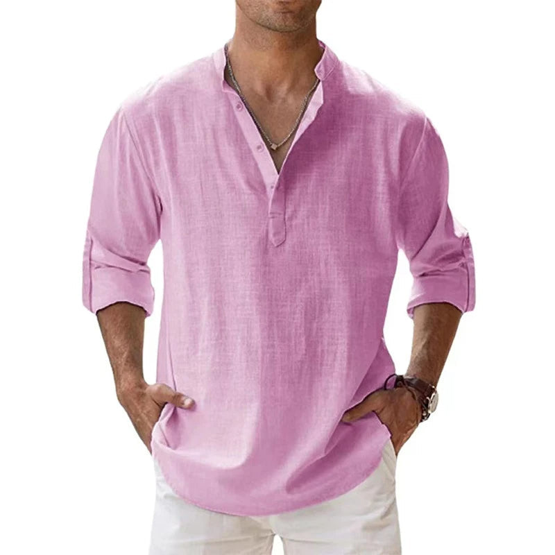 Davy | Men's Linen Henley Shirt with Roll-Up Sleeves