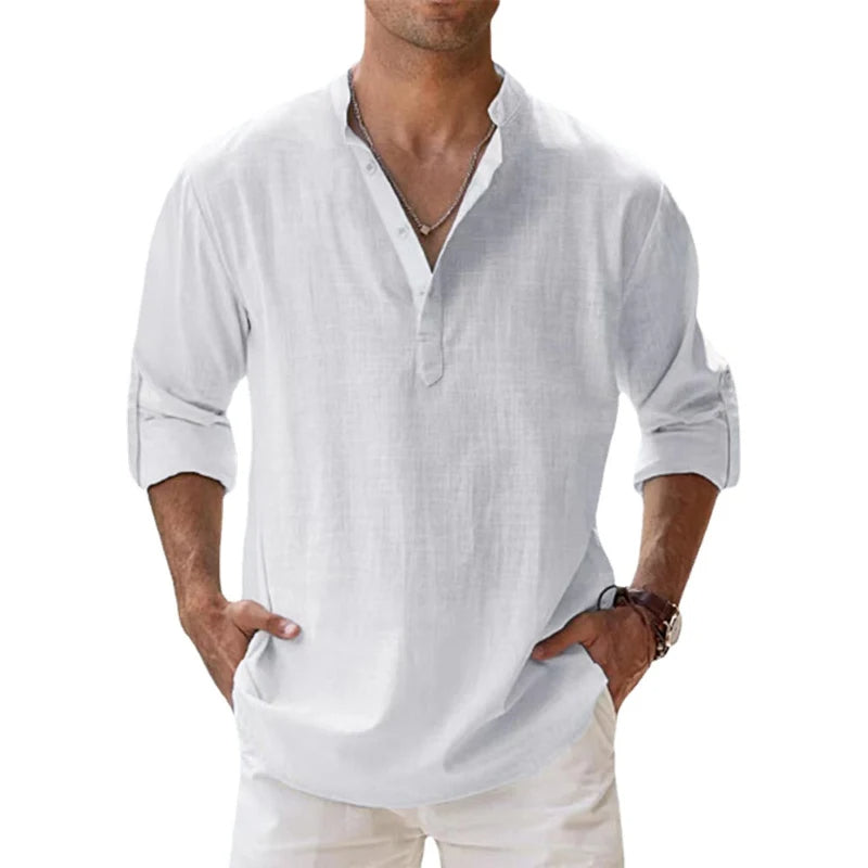 Davy | Men's Linen Henley Shirt with Roll-Up Sleeves