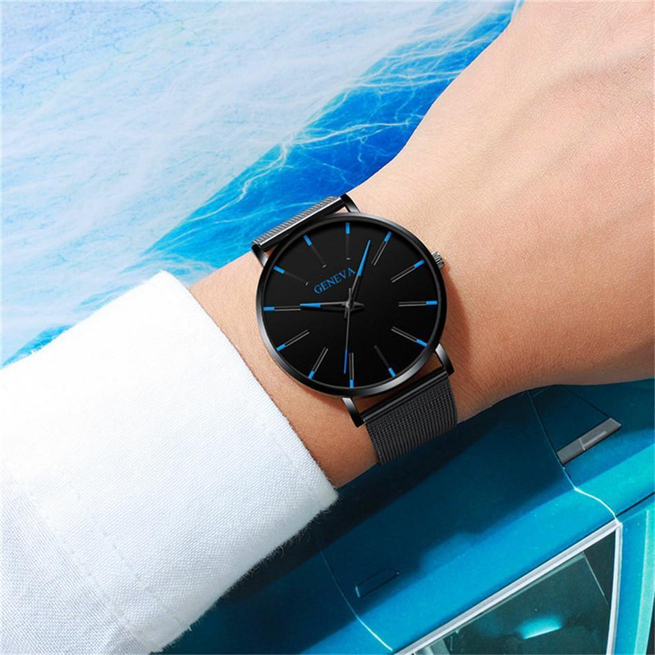 Davy | Men's Minimalist Mesh Band Watch with Blue Accents