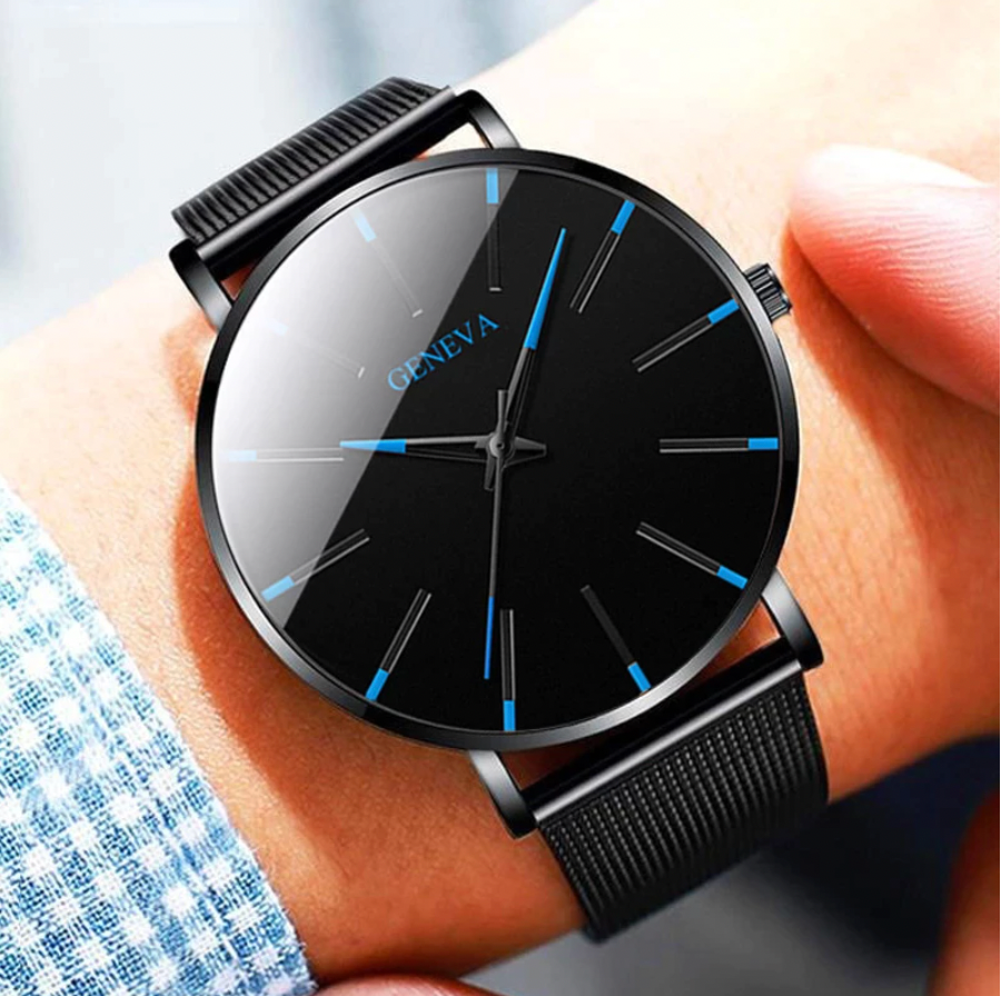 Davy | Men's Minimalist Mesh Band Watch with Blue Accents