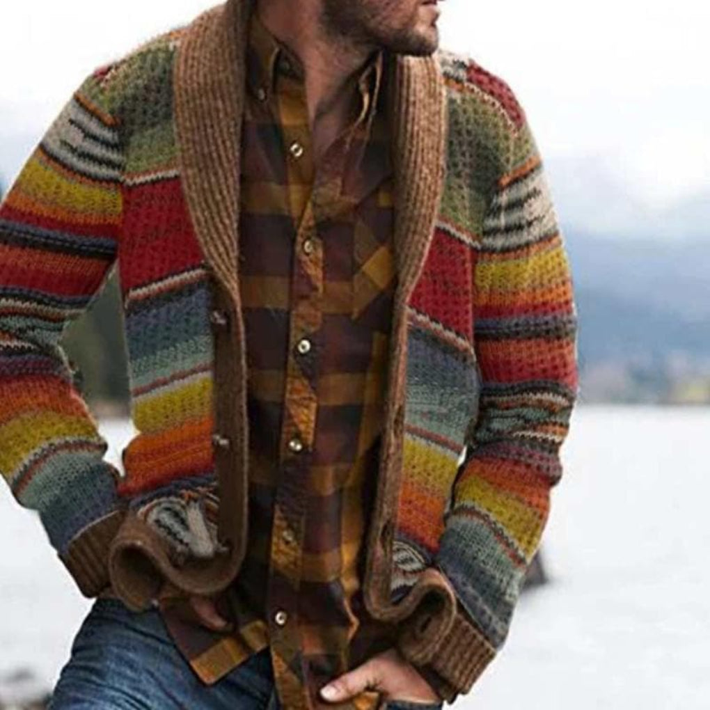 Davy | Men's Shawl Collar Cardigan - Multicolor Stripe Knit