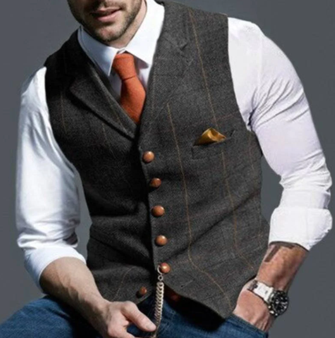 Davy | Men's Tweed Vest with V-Neck and Button Front