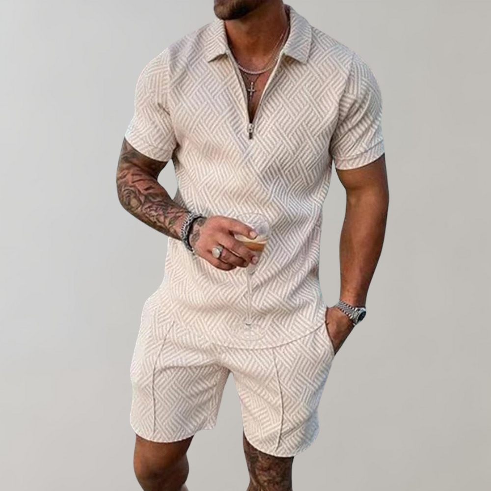 Davy | Men's Zip Polo & Shorts Textured Set