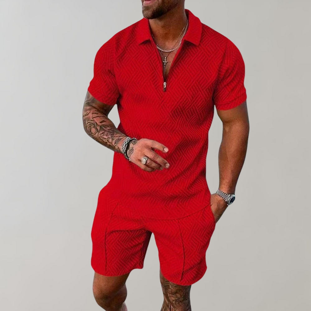 Davy | Men's Zip Polo & Shorts Textured Set