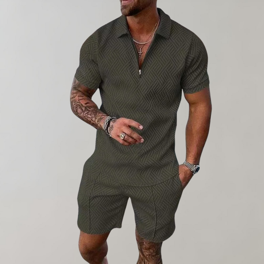 Davy | Men's Zip Polo & Shorts Textured Set