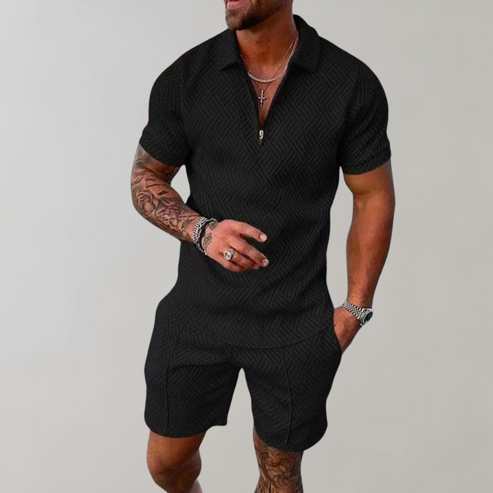 Davy | Men's Zip Polo & Shorts Textured Set
