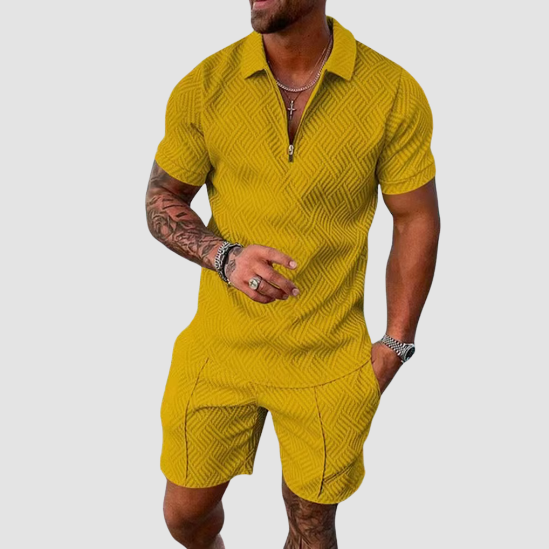 Davy | Men's Zipper Polo Shirt & Shorts Set Textured