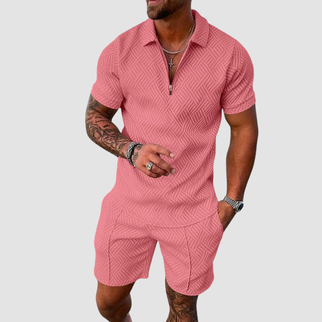 Davy | Men's Zipper Polo Shirt & Shorts Set Textured