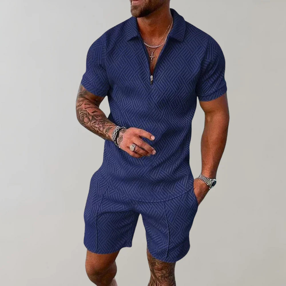 Davy | Men's Zipper Polo Shirt & Shorts Set Textured