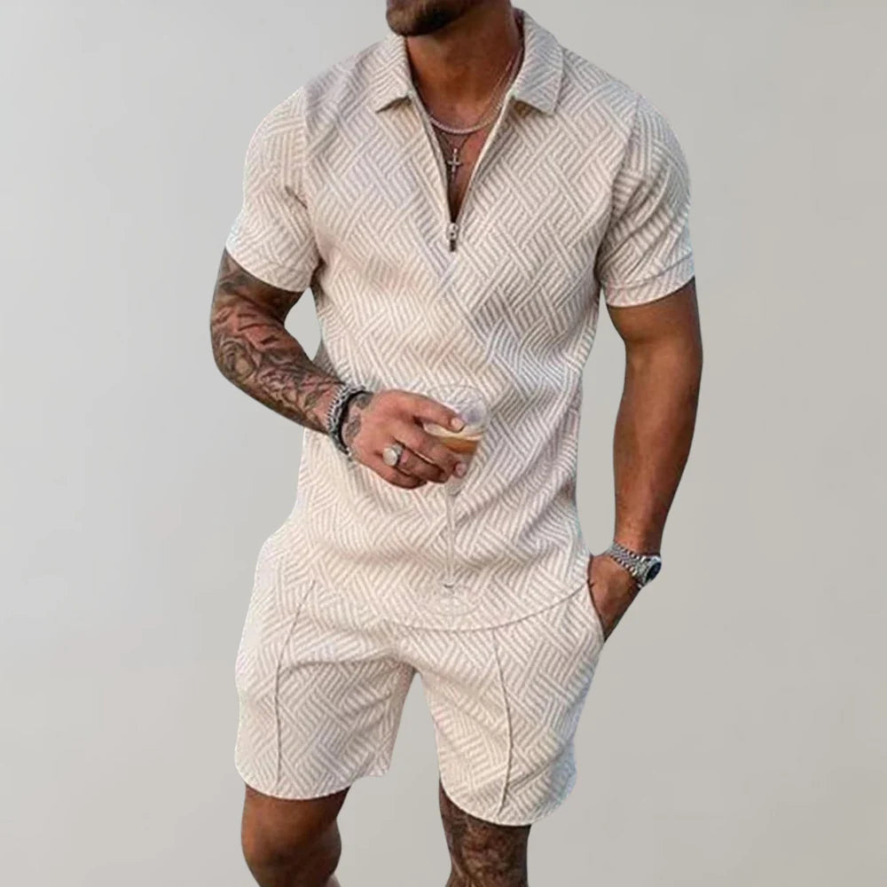 Davy | Men's Zipper Polo Shirt & Shorts Set Textured