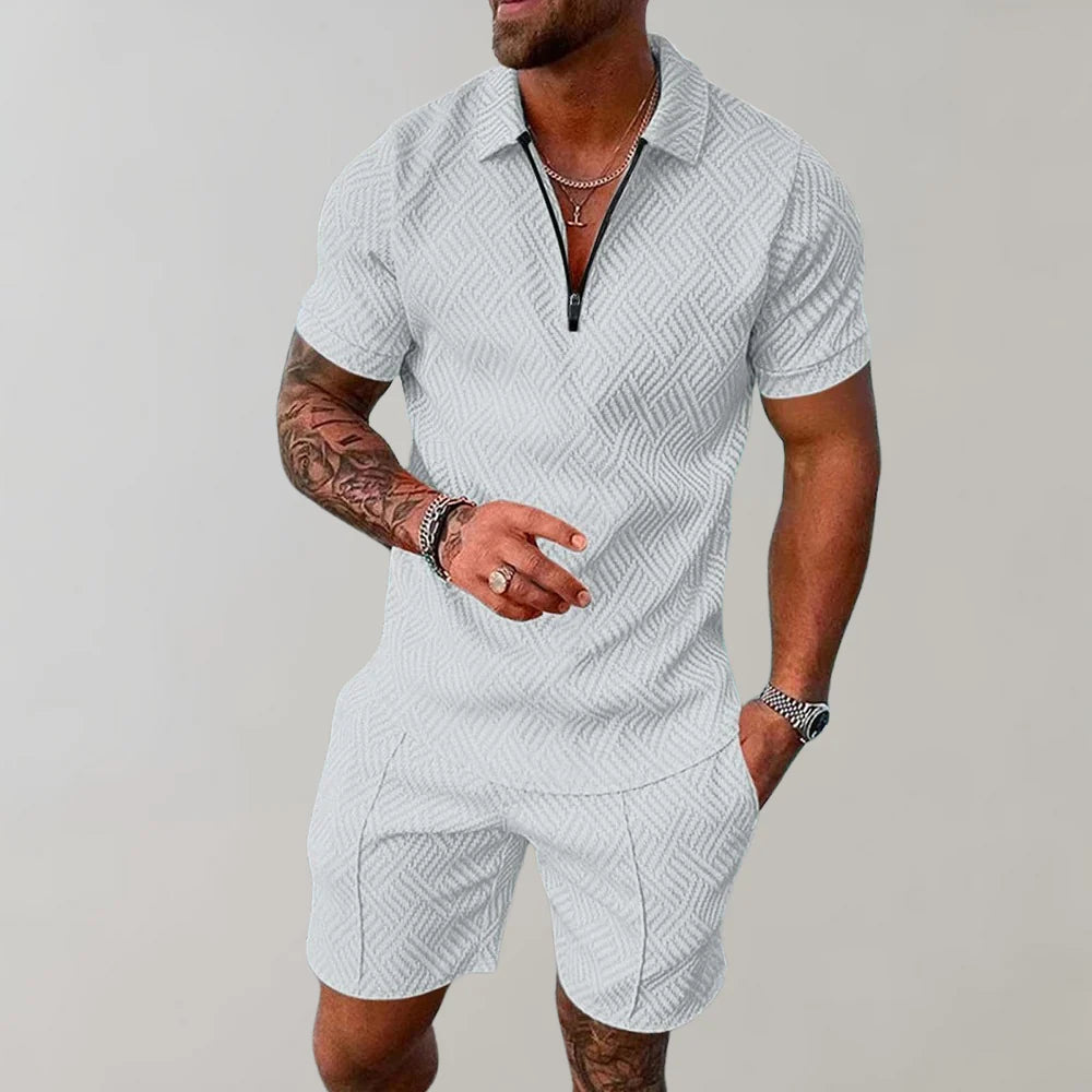 Davy | Men's Zipper Polo Shirt & Shorts Set Textured