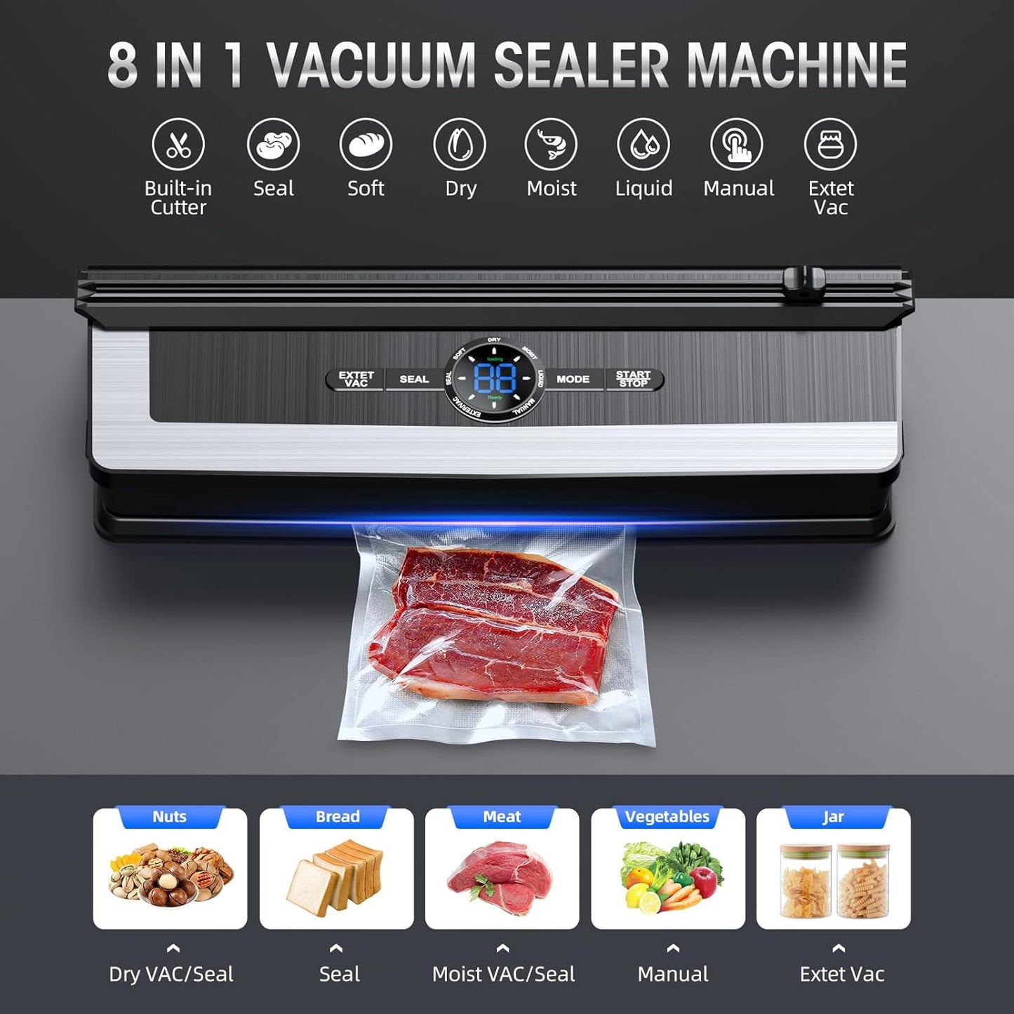 Davy | Professional 8-in-1 Vacuum Sealer | Integrated Precision Cutter | Modes for Dry & Moist Foods | Airtight LED Sealing System | Includes 15 Vacuum Bags