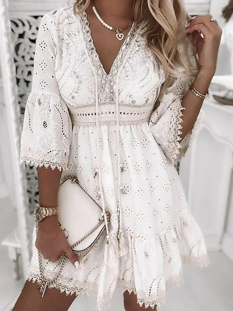 Davy | Women's Broderie Mini Dress with Flare Sleeves