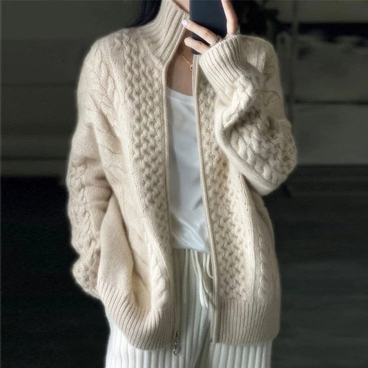 Davy | Women's Cable Knit Cardigan with High Neck