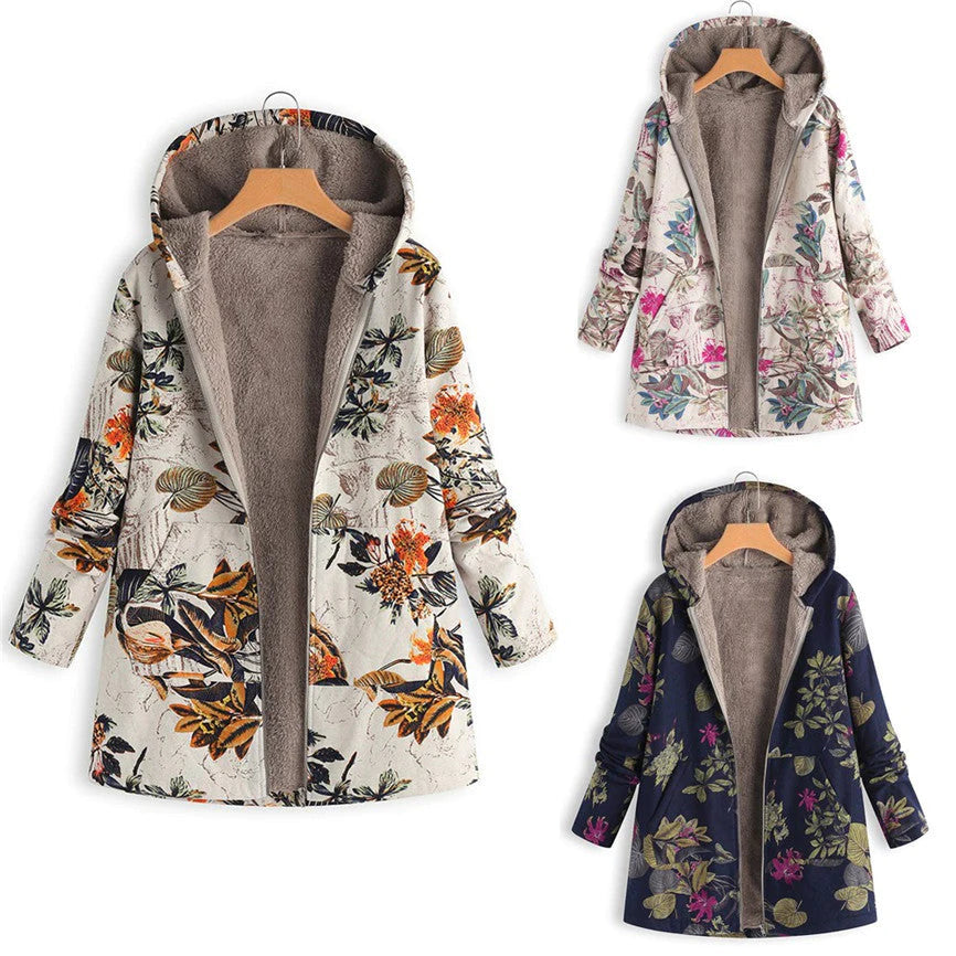 Davy | Women's Hooded Fleece Lined Coat - Floral