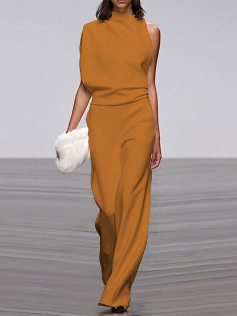 Davy Women's Jumpsuit with Round Neckline, Sleeveless and Wide Leg