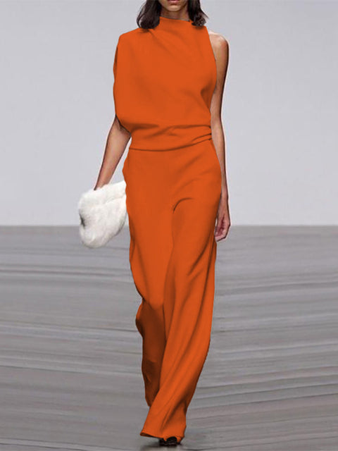 Davy Women's Jumpsuit with Round Neckline, Sleeveless and Wide Leg