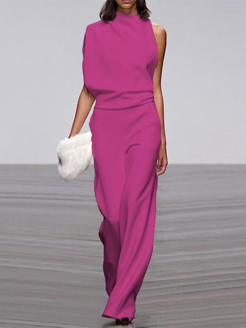 Davy Women's Jumpsuit with Round Neckline, Sleeveless and Wide Leg