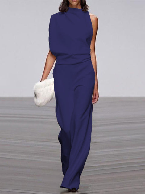 Davy Women's Jumpsuit with Round Neckline, Sleeveless and Wide Leg