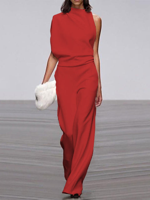 Davy Women's Jumpsuit with Round Neckline, Sleeveless and Wide Leg