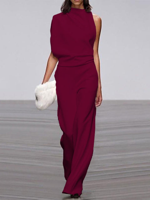 Davy Women's Jumpsuit with Round Neckline, Sleeveless and Wide Leg