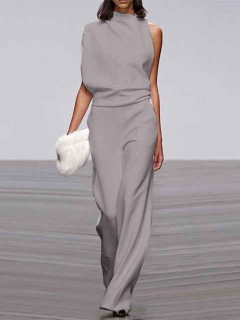 Davy Women's Jumpsuit with Round Neckline, Sleeveless and Wide Leg