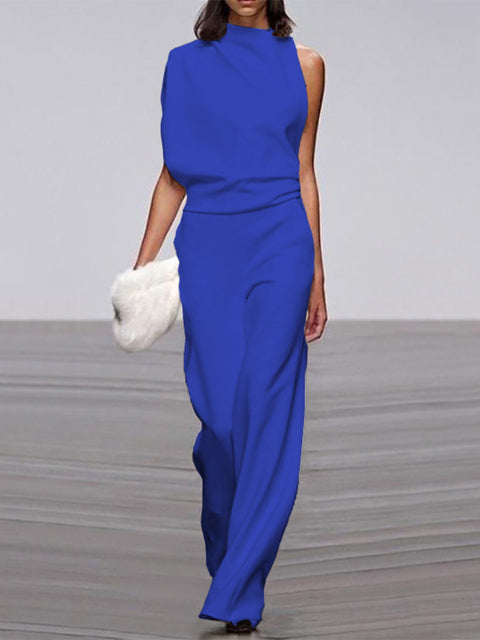 Davy Women's Jumpsuit with Round Neckline, Sleeveless and Wide Leg