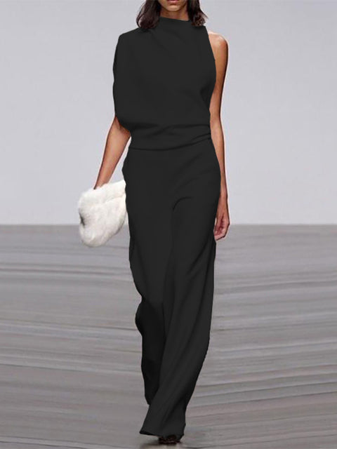 Davy Women's Jumpsuit with Round Neckline, Sleeveless and Wide Leg
