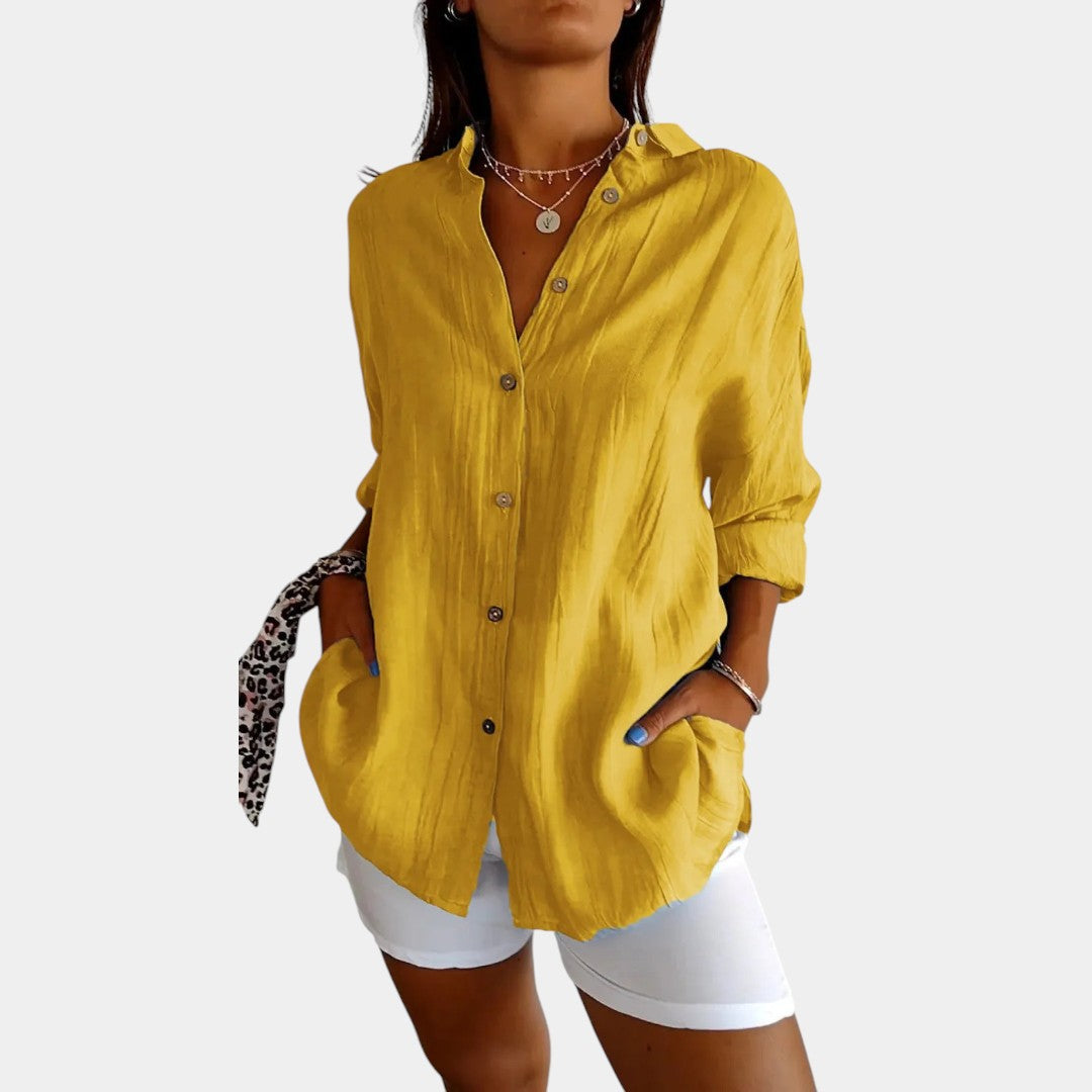 Davy | Women's Linen Blend Button-Down Blouse with Crinkled Texture