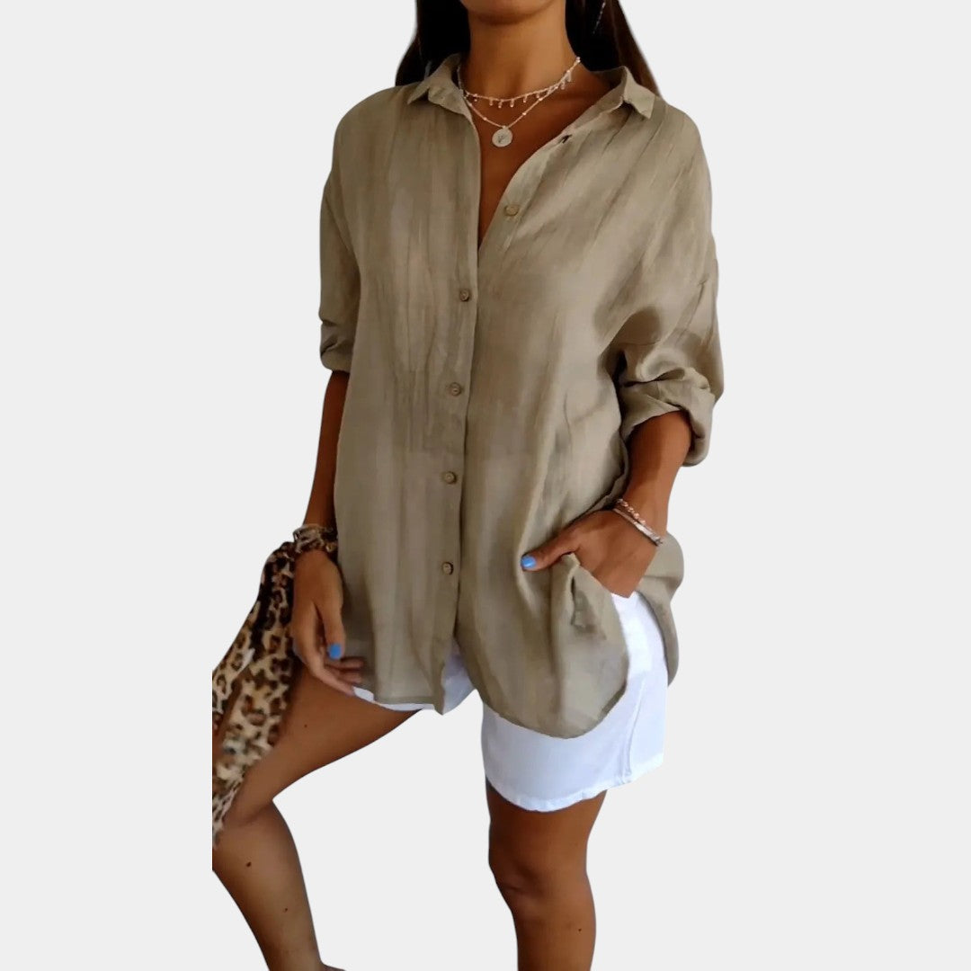 Davy | Women's Linen Blend Button-Down Blouse with Crinkled Texture