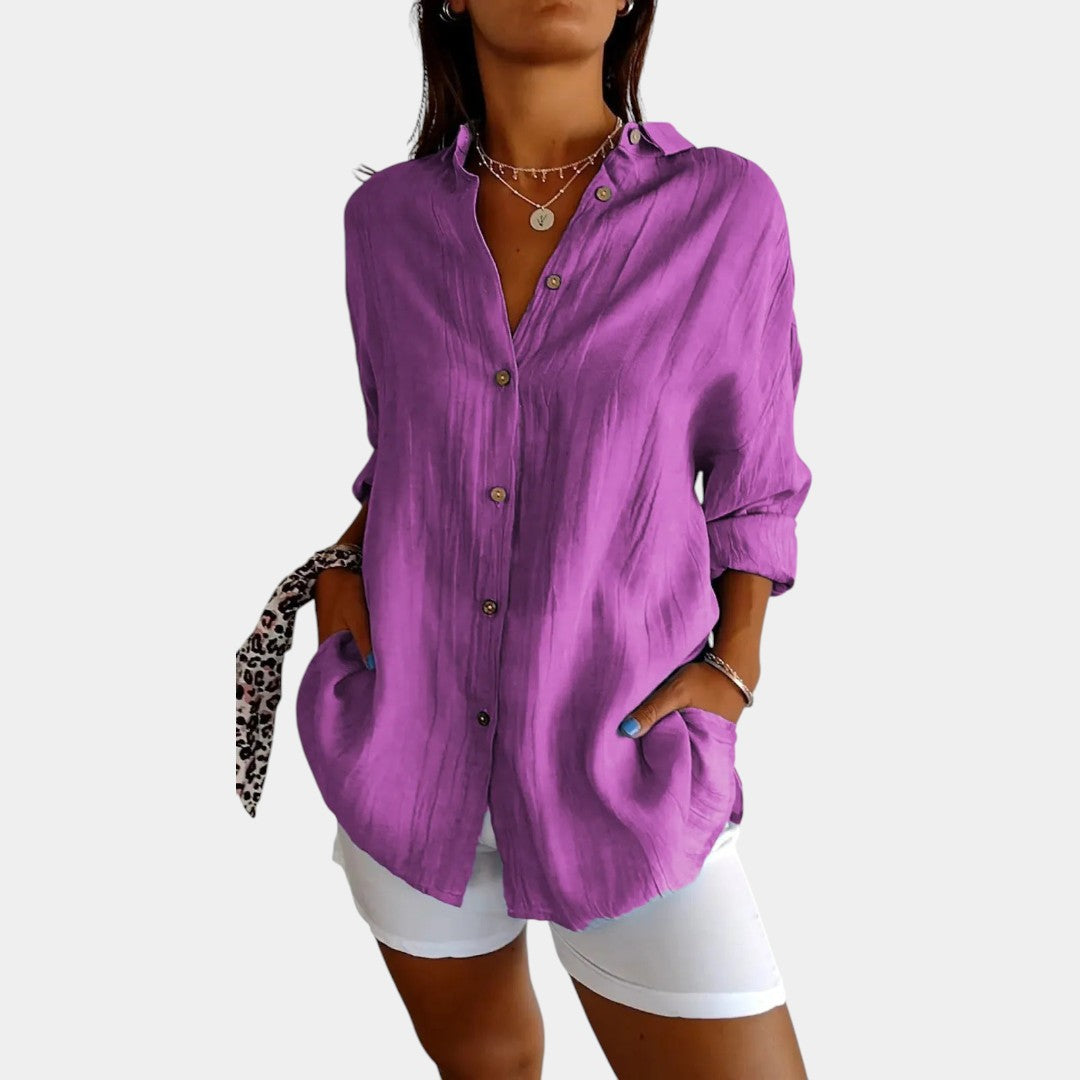 Davy | Women's Linen Blend Button-Down Blouse with Crinkled Texture
