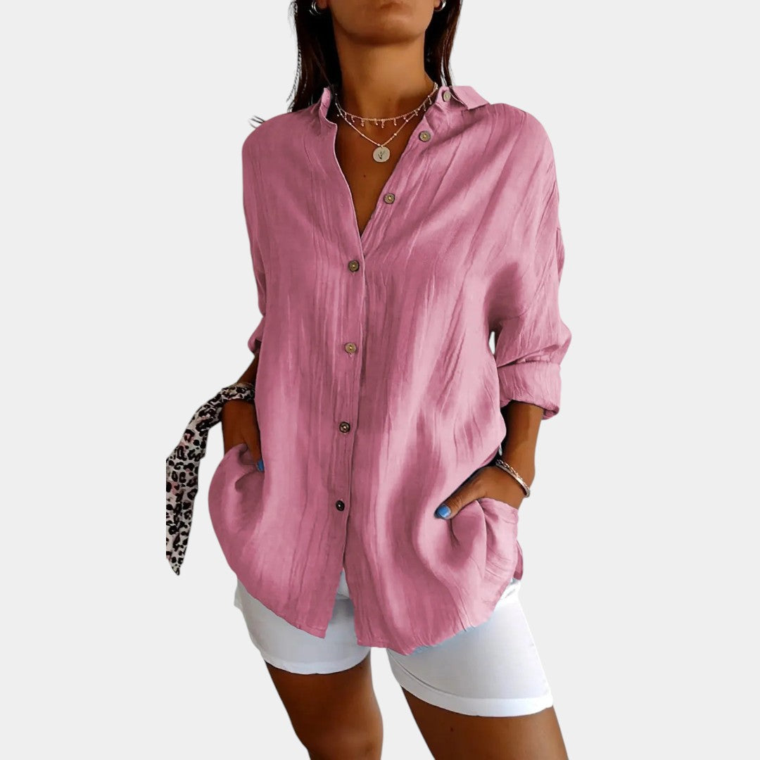 Davy | Women's Linen Blend Button-Down Blouse with Crinkled Texture