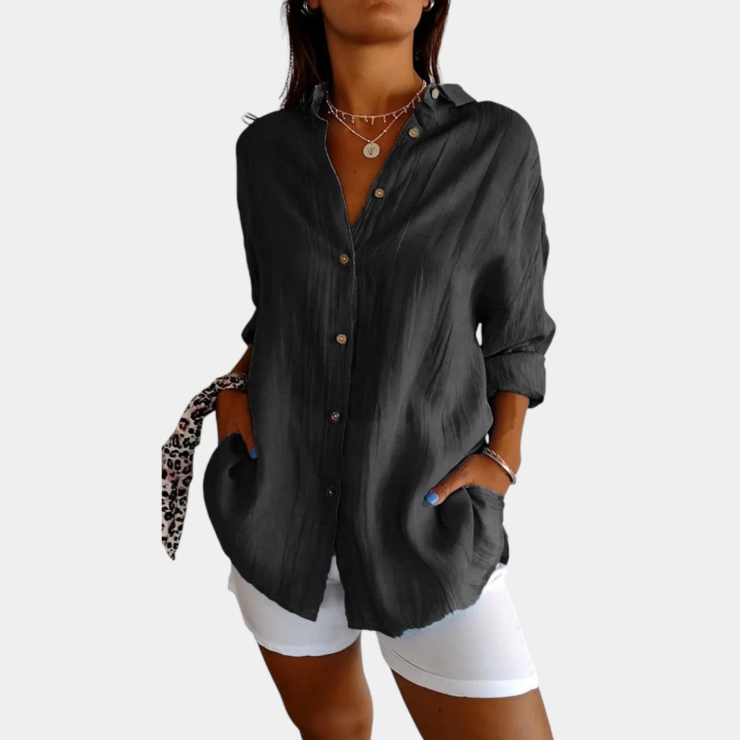 Davy | Women's Linen Blend Button-Down Blouse with Crinkled Texture