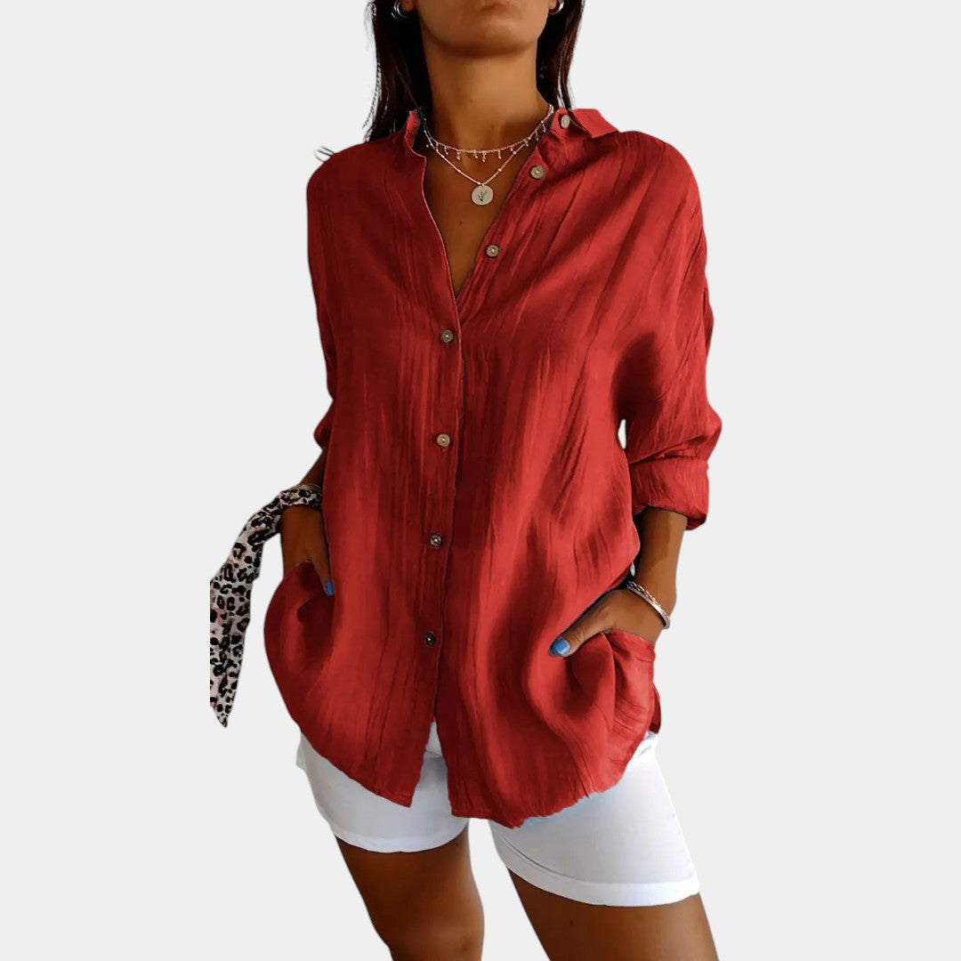 Davy | Women's Linen Blend Button-Down Blouse with Crinkled Texture