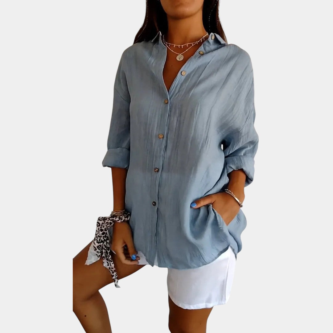 Davy | Women's Linen Blend Button-Down Blouse with Crinkled Texture