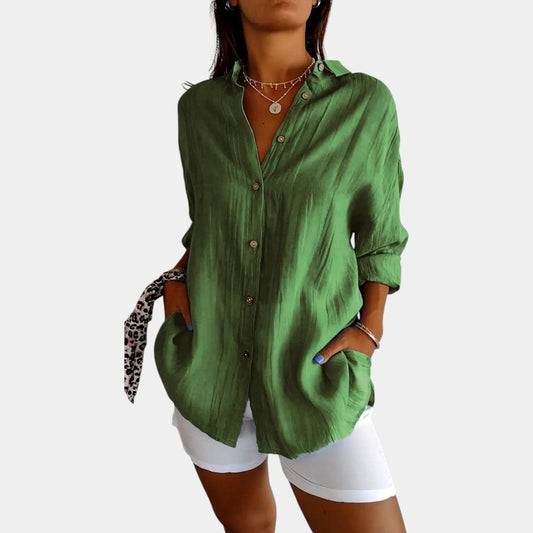 Davy | Women's Linen Blend Button-Down Blouse with Crinkled Texture