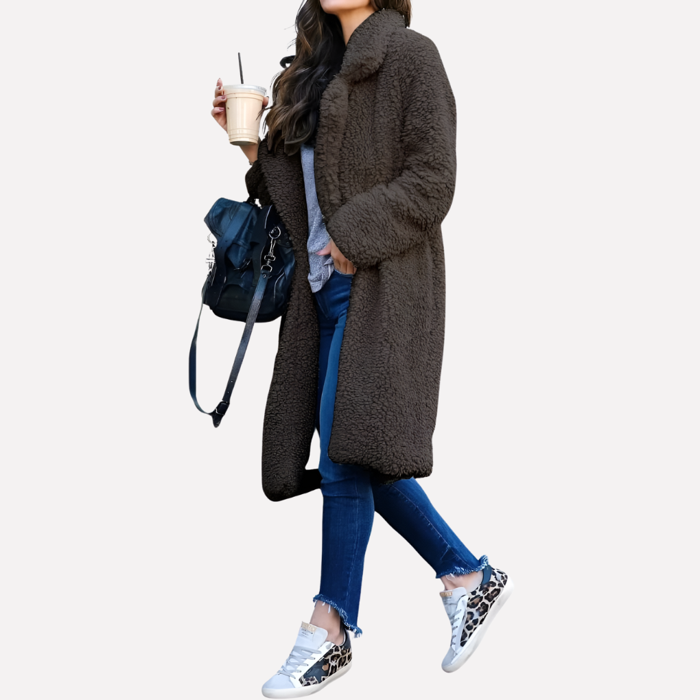 Davy | Women's Long Teddy Coat with Notched Collar